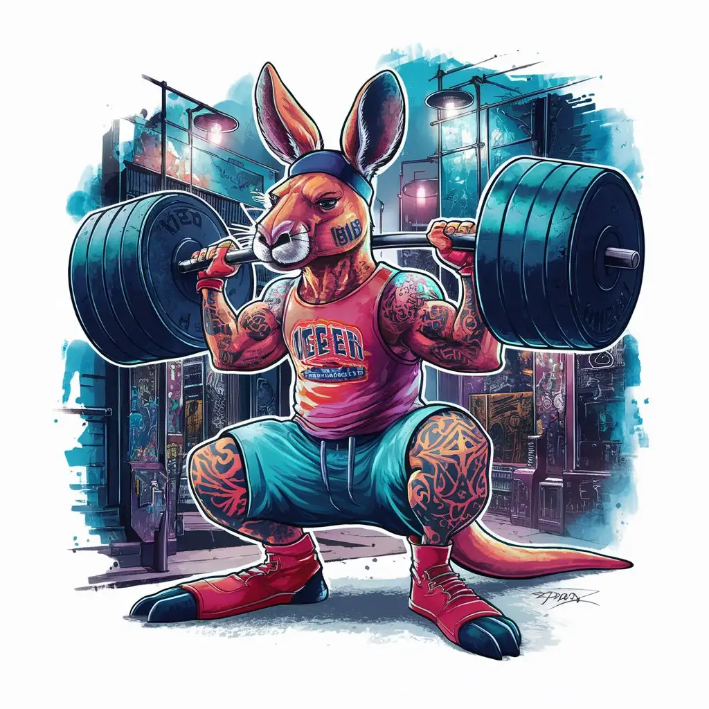 Muscular Kangaroo Weightlifting in Urban Surreal Dreamscape TShirt Design