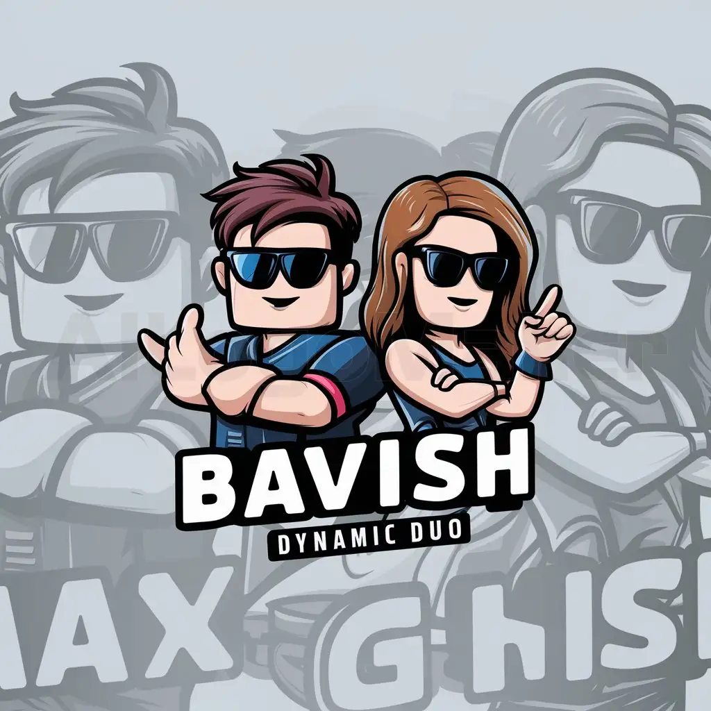 a logo design,with the text "Bavish Dynamic duo's", main symbol:roblox boy and a bacon roblox girl with cool sunglasses,Moderate,clear background