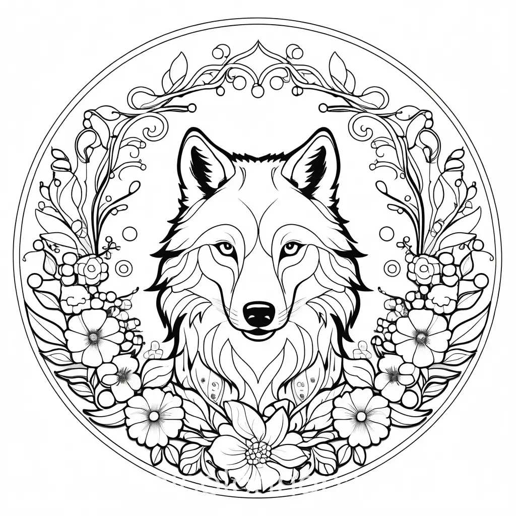 circle flower garland wolf picture, Coloring Page, black and white, line art, white background, Simplicity, Ample White Space