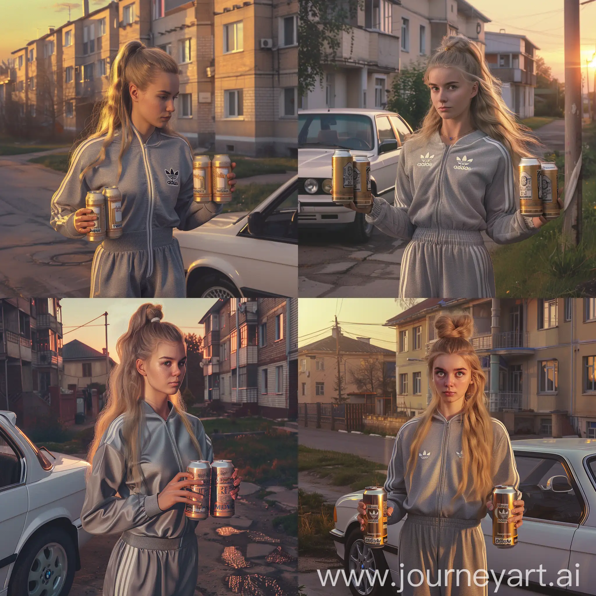 Create an image that captures the nostalgic aesthetic of the late 1980s Eastern European suburban life. The scene should feature a young woman with long blonde hair tied up in a high ponytail, wearing a grey classic Adidas tracksuit with the iconic three stripes. She is holding two large cans of beer. The backdrop is the soft glow of an evening sunset, casting warm hues over a quiet suburban street lined with old-fashioned apartment blocks. A vintage white car BMW e34 is parked nearby, hinting at the era. The overall atmosphere should evoke a sense of both serenity and gritty realism, combining elements of vintage fashion, architecture, and lifestyle in an Eastern European suburban setting.
