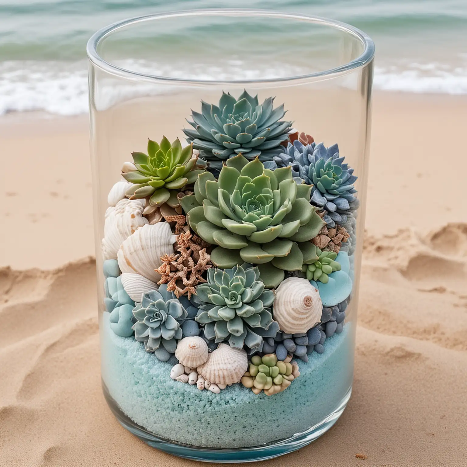 a simple wedding centerpiece with a cylinder glass vase filled with layers of different shades of blue sand topped with  a few succulents and seashells for a simple DIY beach centerpiece