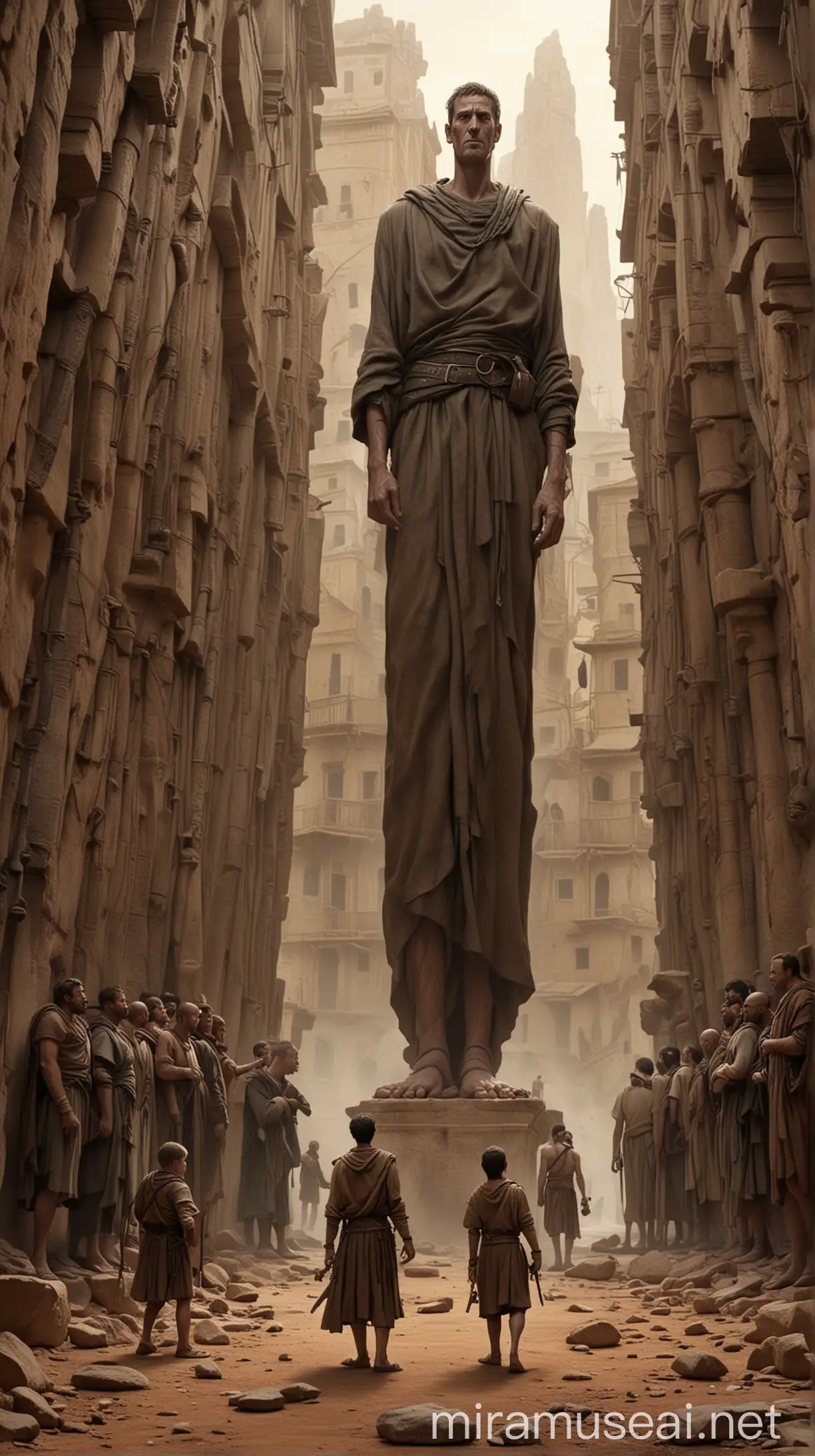 Illustrate a scene where very tall men are looming over a group of small, fearful male spies in ancient world 