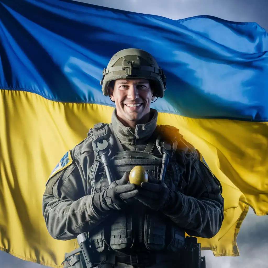 Ukrainian flag , Ukrainian soldier in tactical military uniform congratulates on Easter