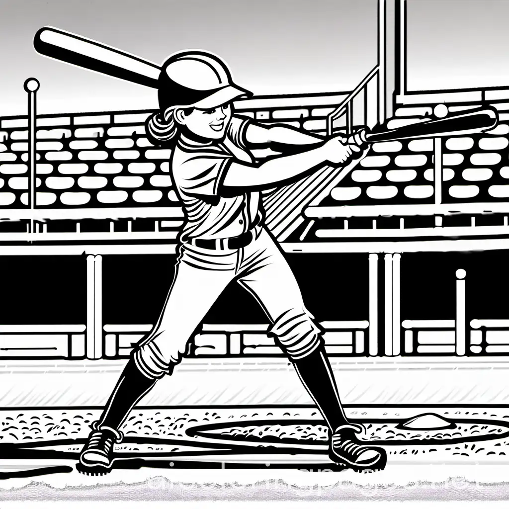 softball girl, on field, swinging at pitch, ample white space, Coloring Page, black and white, line art, white background, Simplicity, Ample White Space. The background of the coloring page is plain white to make it easy for young children to color within the lines. The outlines of all the subjects are easy to distinguish, making it simple for kids to color without too much difficulty
