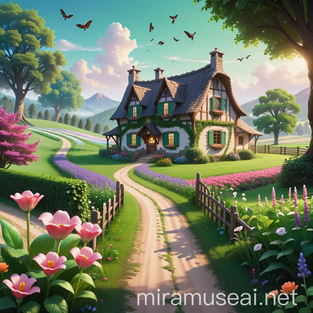 
A fairytale farmhouse in the distance with a trail coming to the front with flowers and plants on each side of the trail, with two monster green hands in the front framing with two fingers of each hand forming a heart. On the bottom a manuscript-type banner.