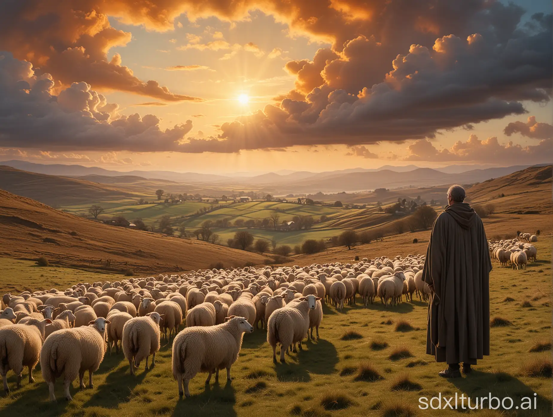 The image features a pastoral scene with a herd of sheep and a solitary figure standing to the right, gazing into the distance at a dramatic sunset. The figure is cloaked in a dark robe, conveying a sense of wisdom or leadership. The sheep are in the middle ground, with some looking towards the camera, their white and brown wool contrasting with the landscape. The rolling hills and the layered texture of the fields in the background are bathed in the soft, warm light of the sunset. The sky is a tapestry of clouds with varying shades of orange, yellow, and blue, reflecting the sun's rays. The scene evokes feelings of serenity, introspection, and the timeless connection between humans and nature. The text "O Livro da Vida 2.0" at the bottom right corner suggests a thematic or narrative connection to a larger body of work.