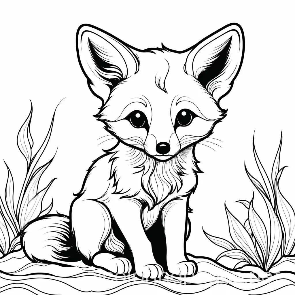 baby fox, Coloring Page, black and white, line art, white background, Simplicity, Ample White Space. The background of the coloring page is plain white to make it easy for young children to color within the lines. The outlines of all the subjects are easy to distinguish, making it simple for kids to color without too much difficulty