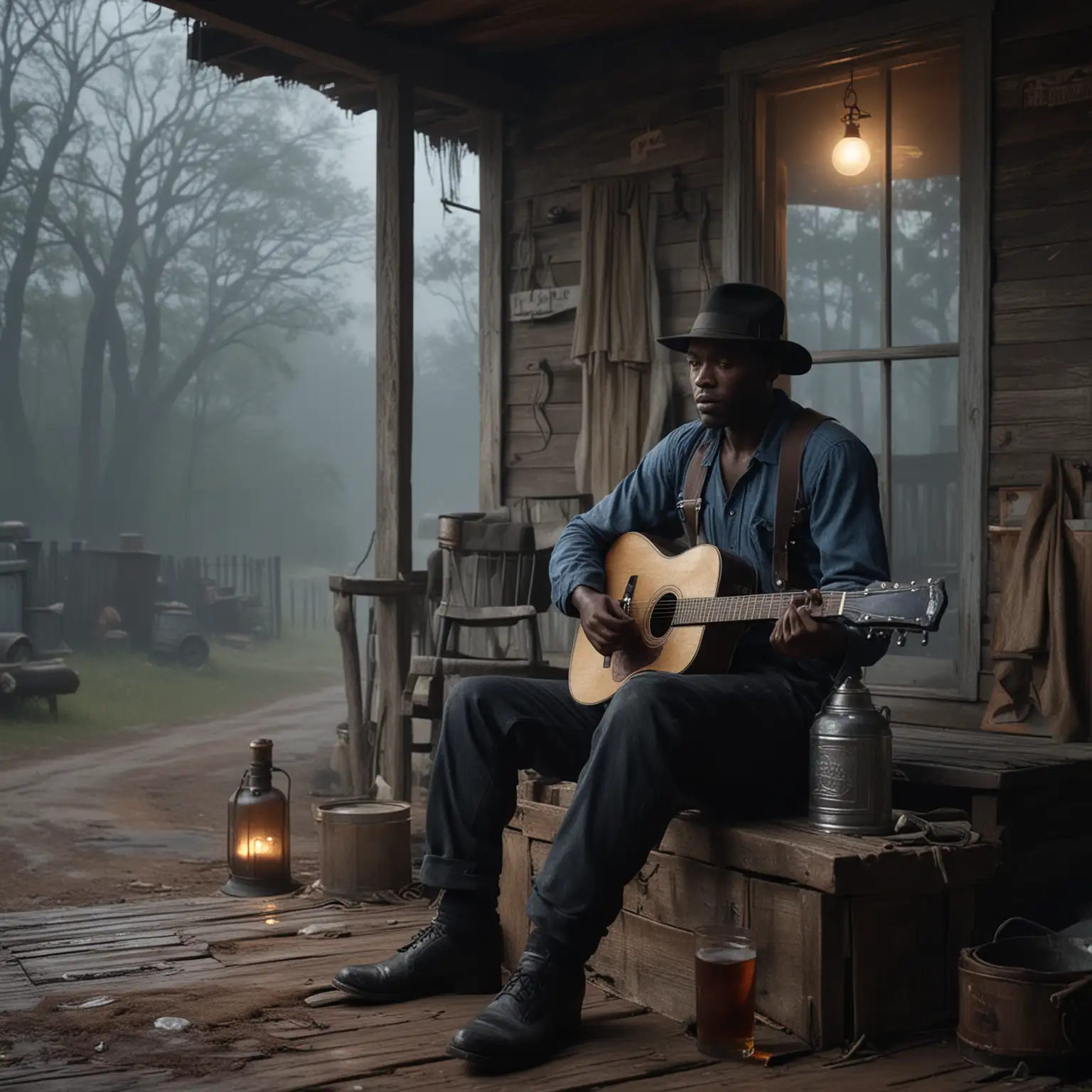 Hyperrealistic 8K cinematic, Black Blues guitarist sitting on a porch of a roadside shack, misty evening,1930's deep South, whiskey jug sits on the floor next to him. The image should be of him and the shack.