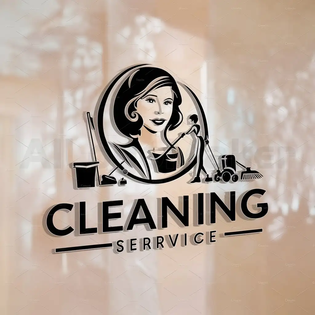 a logo design,with the text "Cleaning Service", main symbol:beautiful woman,cleaning supplies,bucket,vacuum cleaner,broom,Moderate,be used in Home Family industry,clear background
