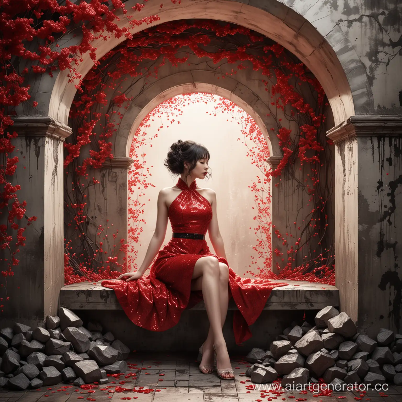 Dark comic style illustration with a theme of dark spring and kawaii elements, a woman adorned in a red sequins dress occupies a dynamic pose, sitting against an arch-tunnel backdrop, her head turned to the side, set against a grunge charcoal and off-white background, featuring triple exposure effects, her fingers perfectly rendered, and body idealized, executed in Japanese ink for immaculate composition, dynamic light and shadow play intensifying the hyper
