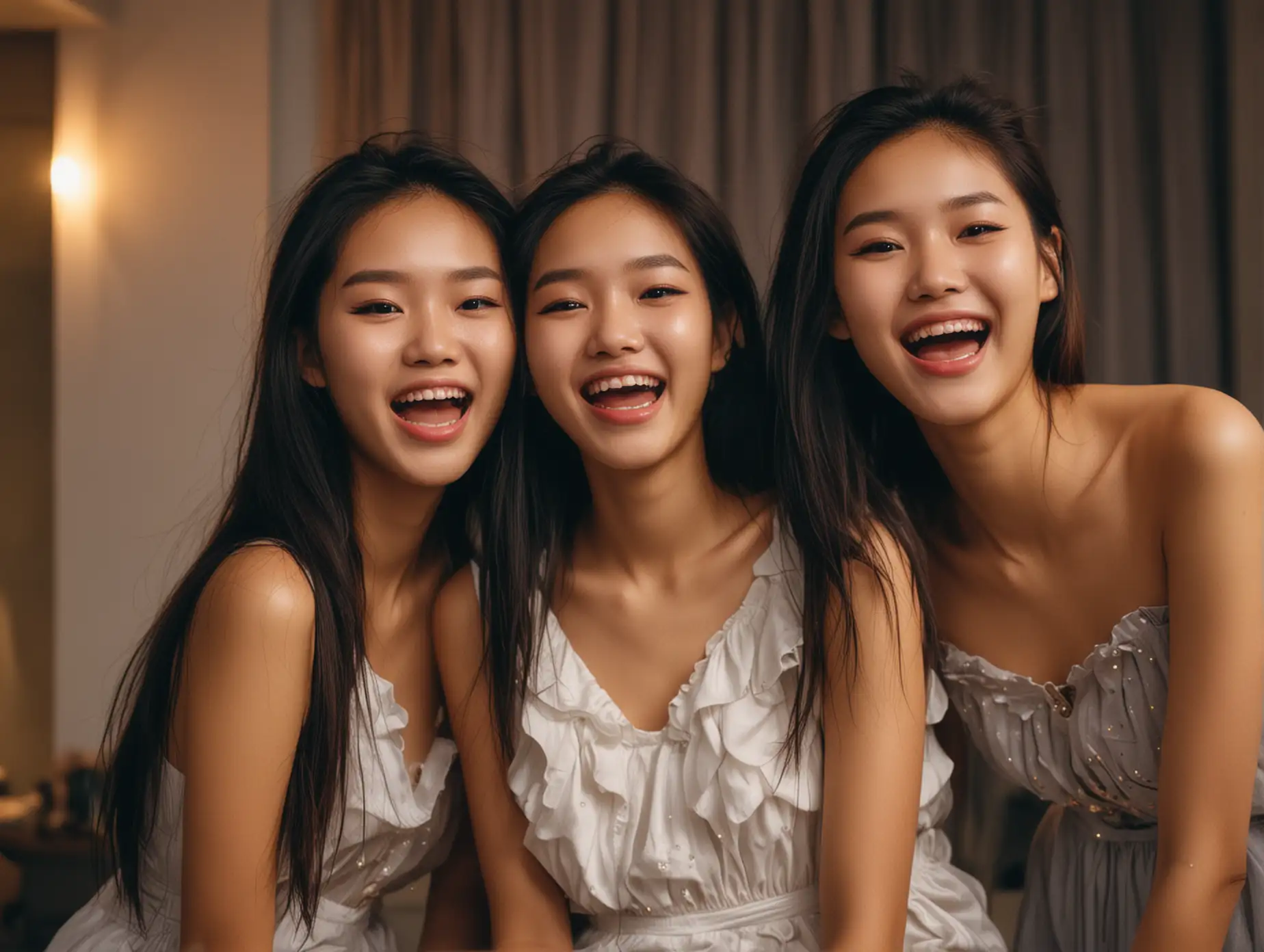 faces of three beautiful slender angelic 19-year old vietnamese models at a party in a penthouse at dusk laughing hysterically together and overflowing with joy