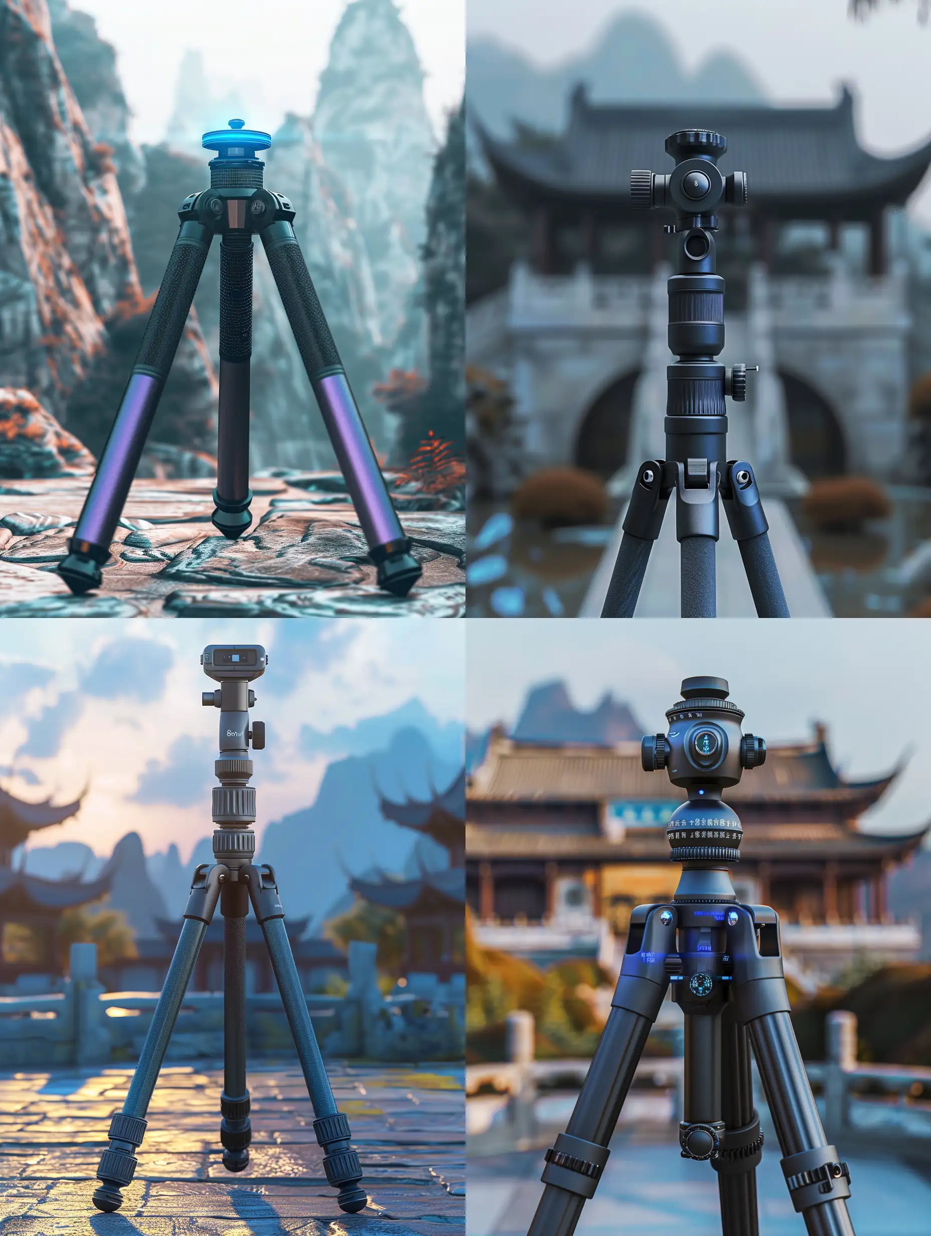 一尊3d的鼎，背景是传统山水，黑色科技背景和蓝紫科技，彩色较少，简约时尚，中国风，动态感，中国传统文化，超高清，c4d渲染，精细化描述，8k
