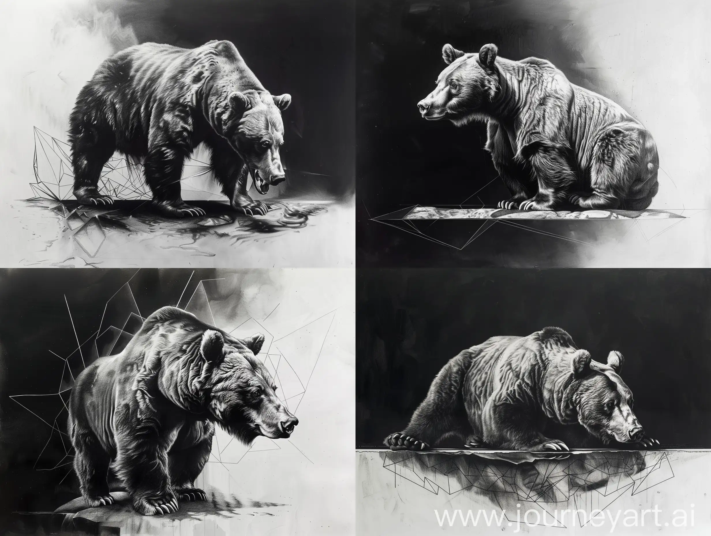 genre creative dark hyper realistic pencil sketch of a bear on a large canvas in great details with dark background
