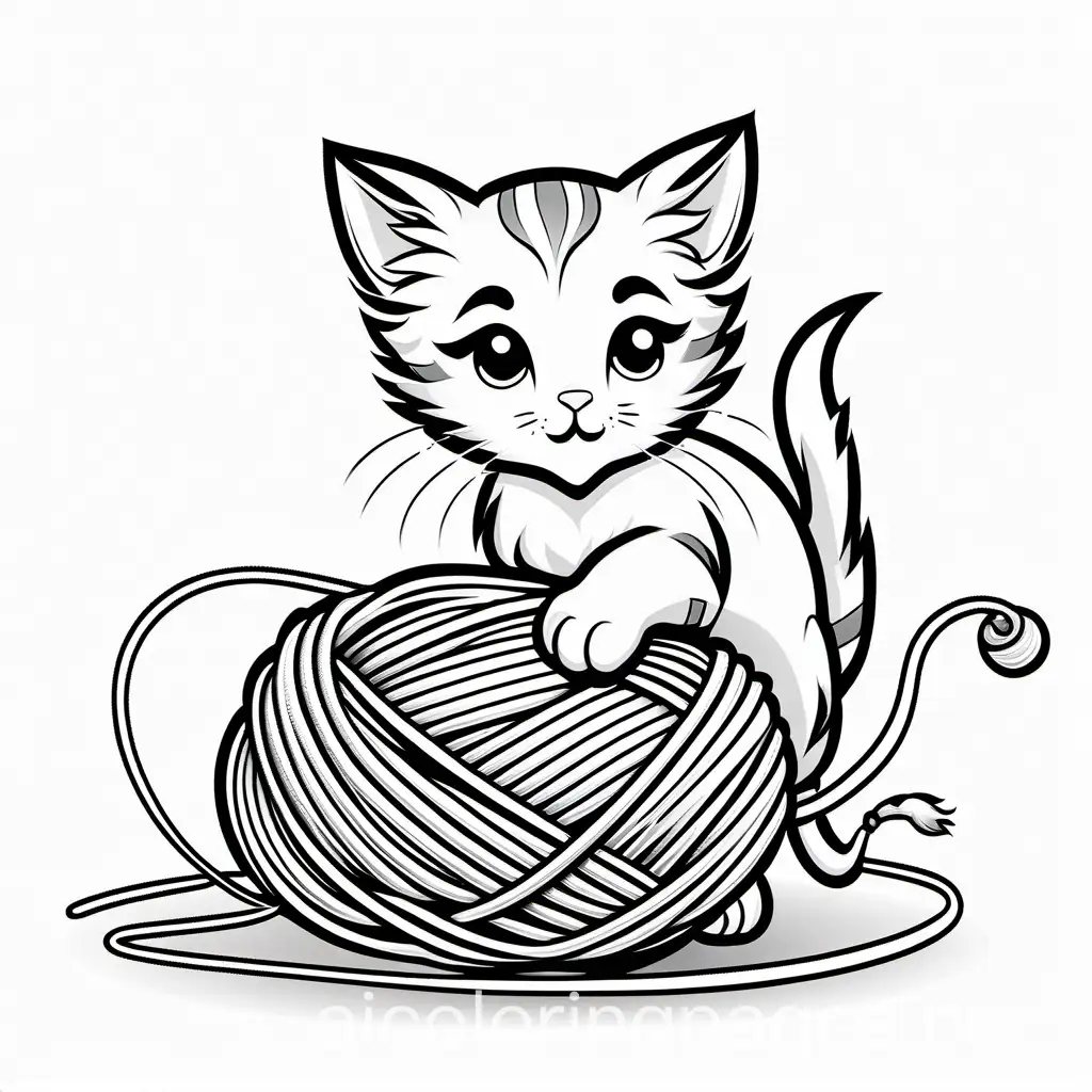 A cute kitten chasing a ball of yarn., Coloring Page, black and white, line art, white background, Simplicity, Ample White Space.