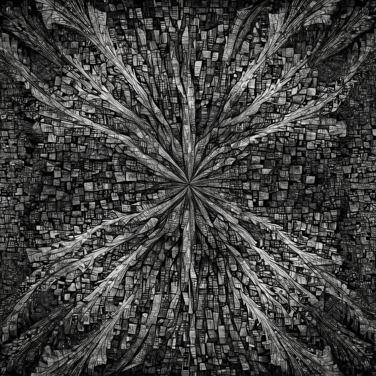 Monochrome Fractal Mosaic Abstract Art in Black and White