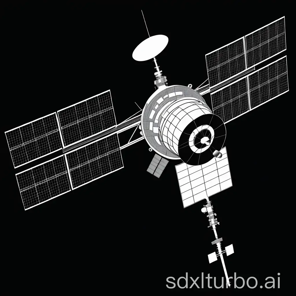 drawing of a satellite, black and white, black background