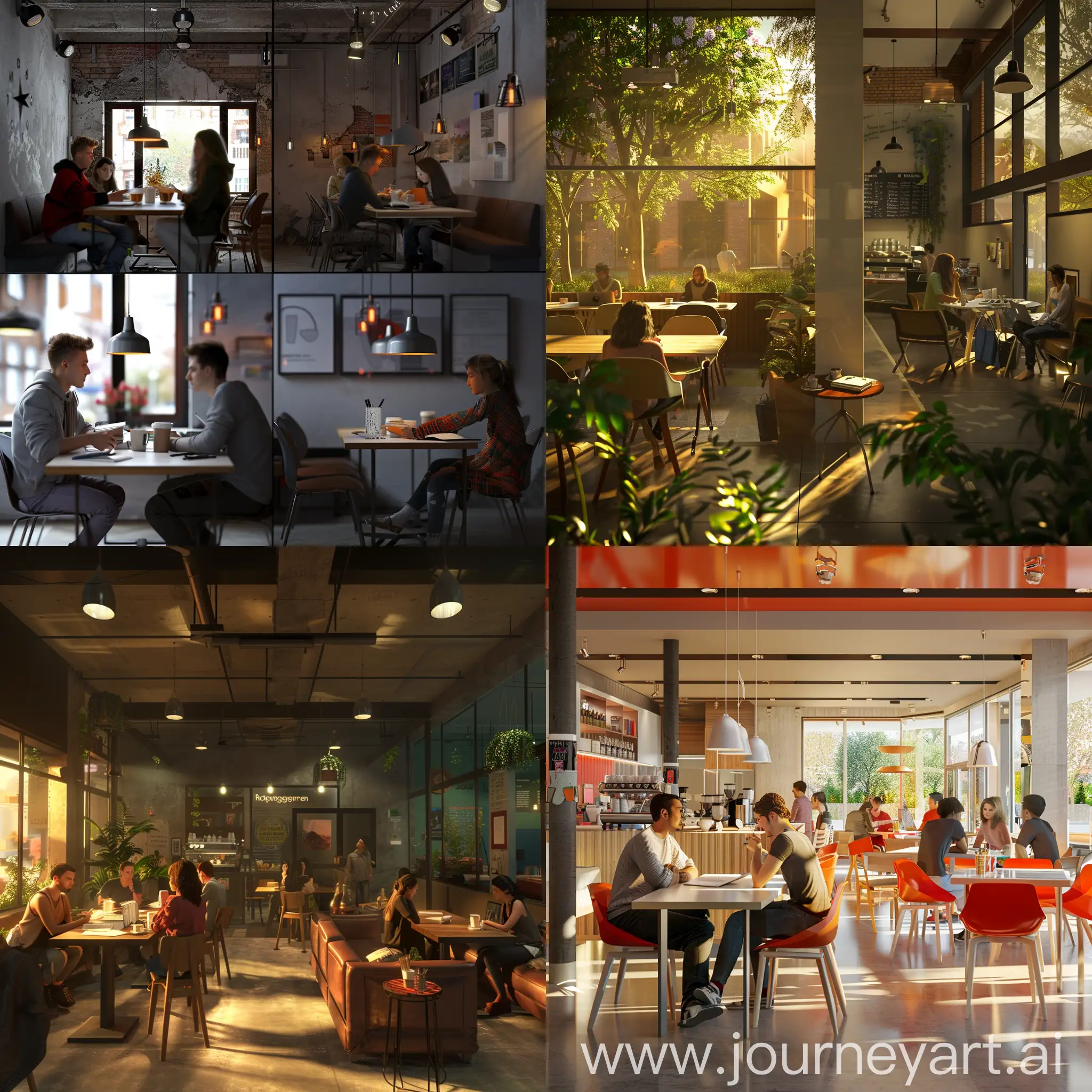 photorealistic, design an enviroment for studying and drinking coffe and focusing in the college for architecture students ,private spaces and also for groups of friends, lively, creative enviroment,