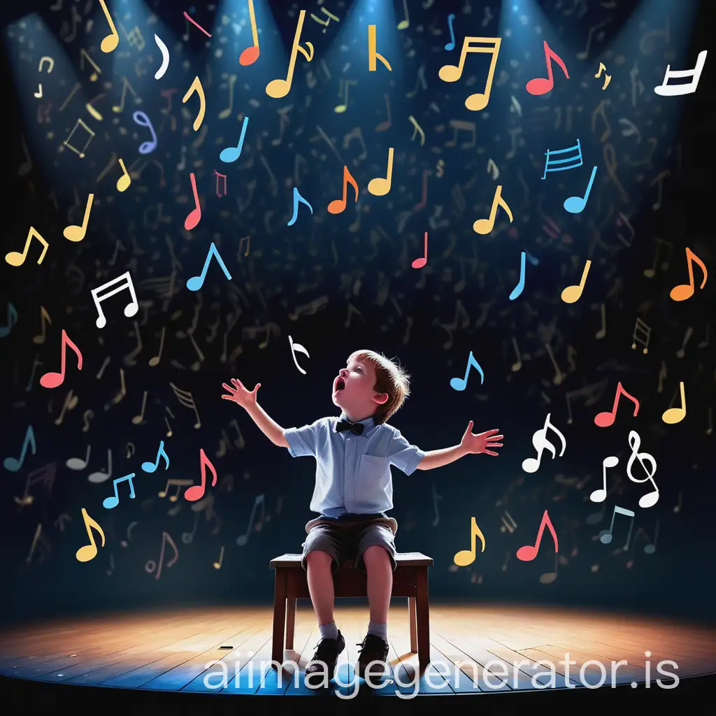 A nervous little boy skilled in a theater scenario, riding bright musical notes and numbers floating in the air. The night scene is illuminated to create an impressionistic background color, while the platform reflects the darkness and emotion before the unique artistic experience is presented.