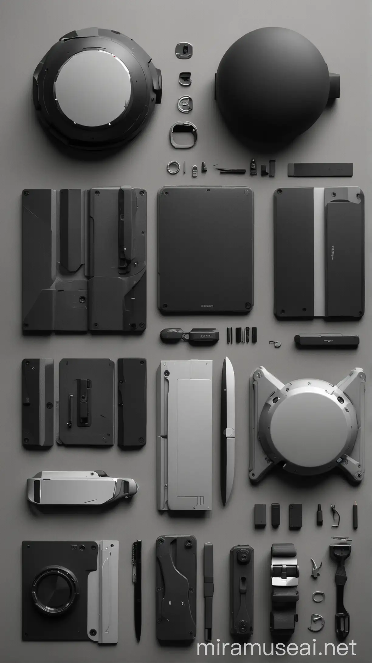 futuristic approach, product design, black and gray, moodboard