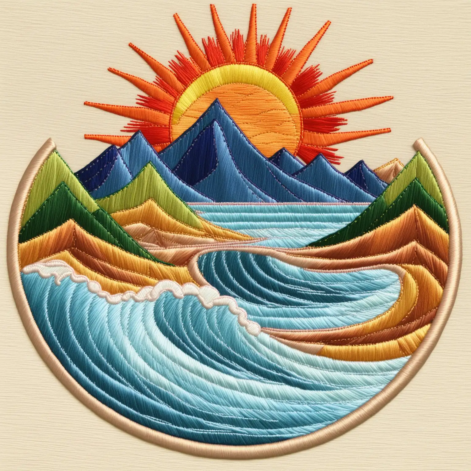 simple satin stitch embroidery design of a landscape with mountains the sun the and the surf, boyish, fun 