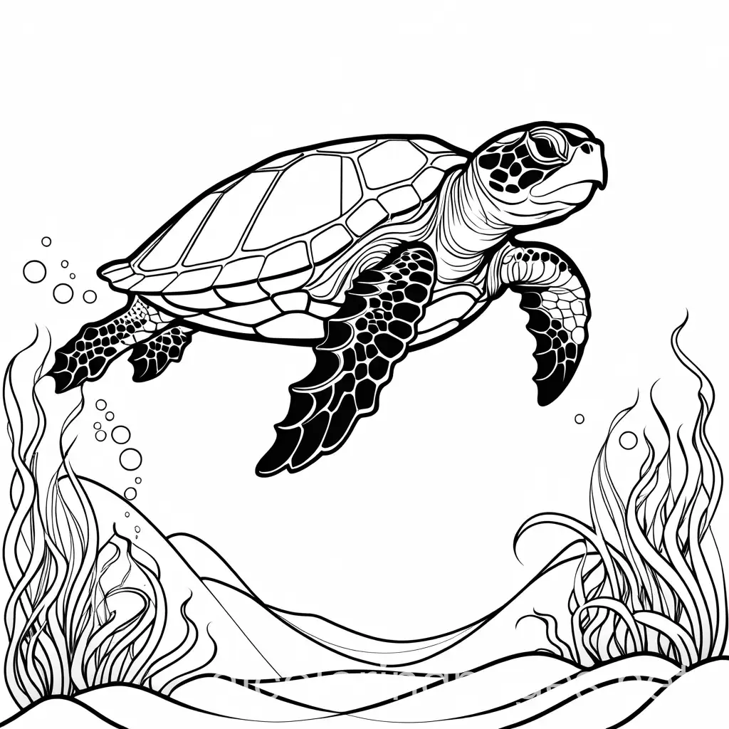 Simple-Coloring-Page-of-Sea-Turtle-and-Children-on-White-Background