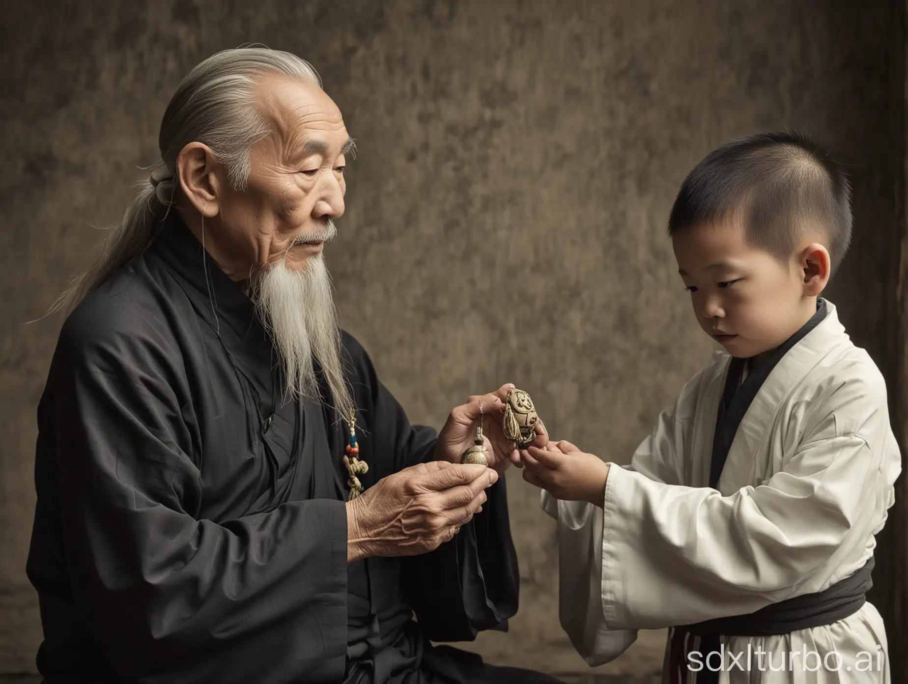 1 old Taoist priest, 1 young prentice little boy, old Taoist holding amulet, old Taoist seriously looking at the young prentice