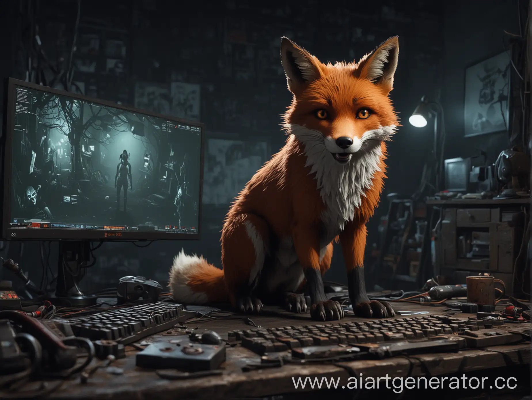 Scary Fox Лис разработчик игр за компом на темном фоне комнаты геймера