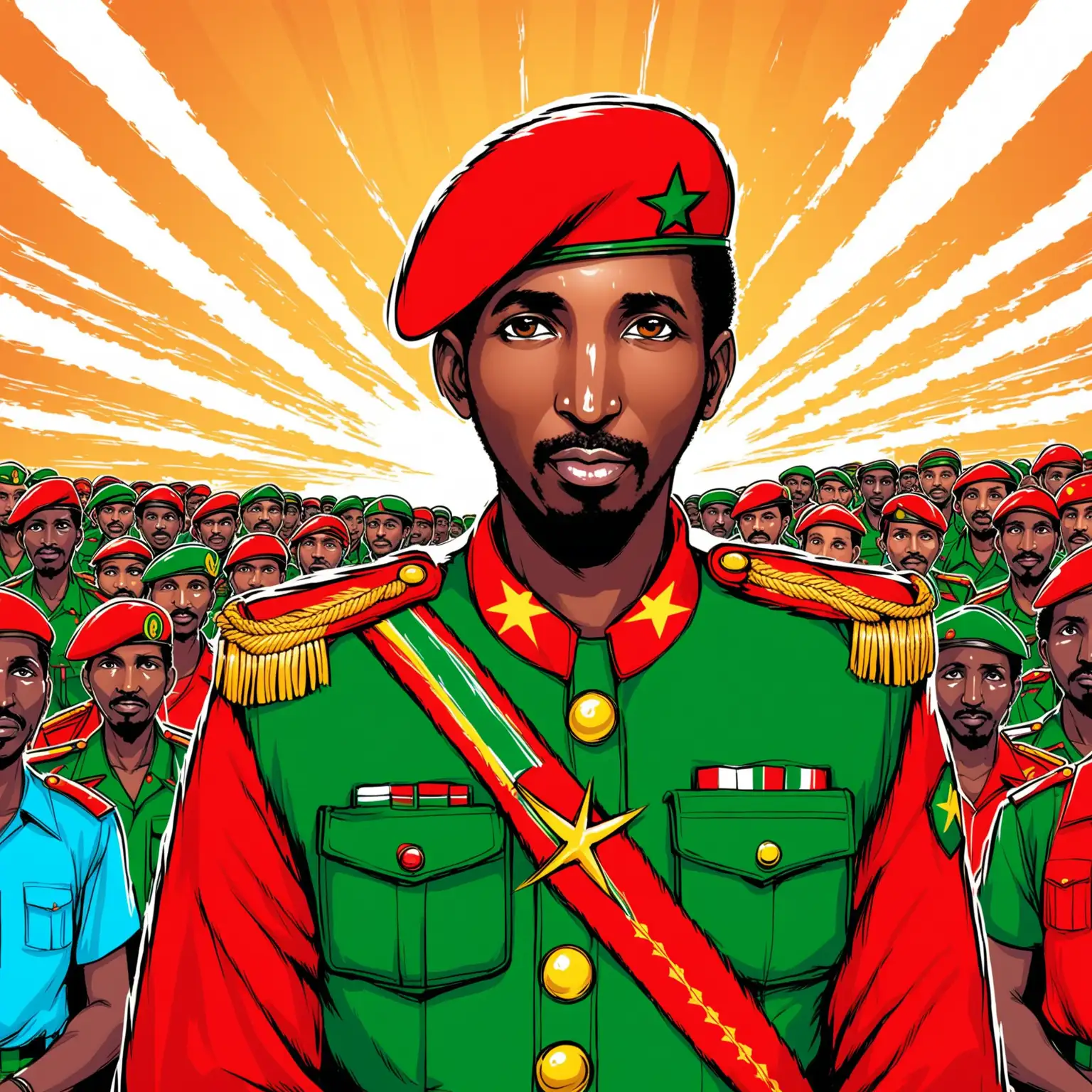 Illustrate an image of Thomas Sankara wanting to make the world a better place.
Cartoon version. Colourful.