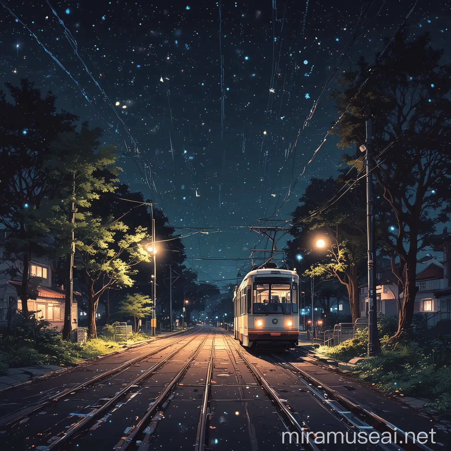 vector cute aesthetic anime nature, tram line, night, stars,tree, sky,