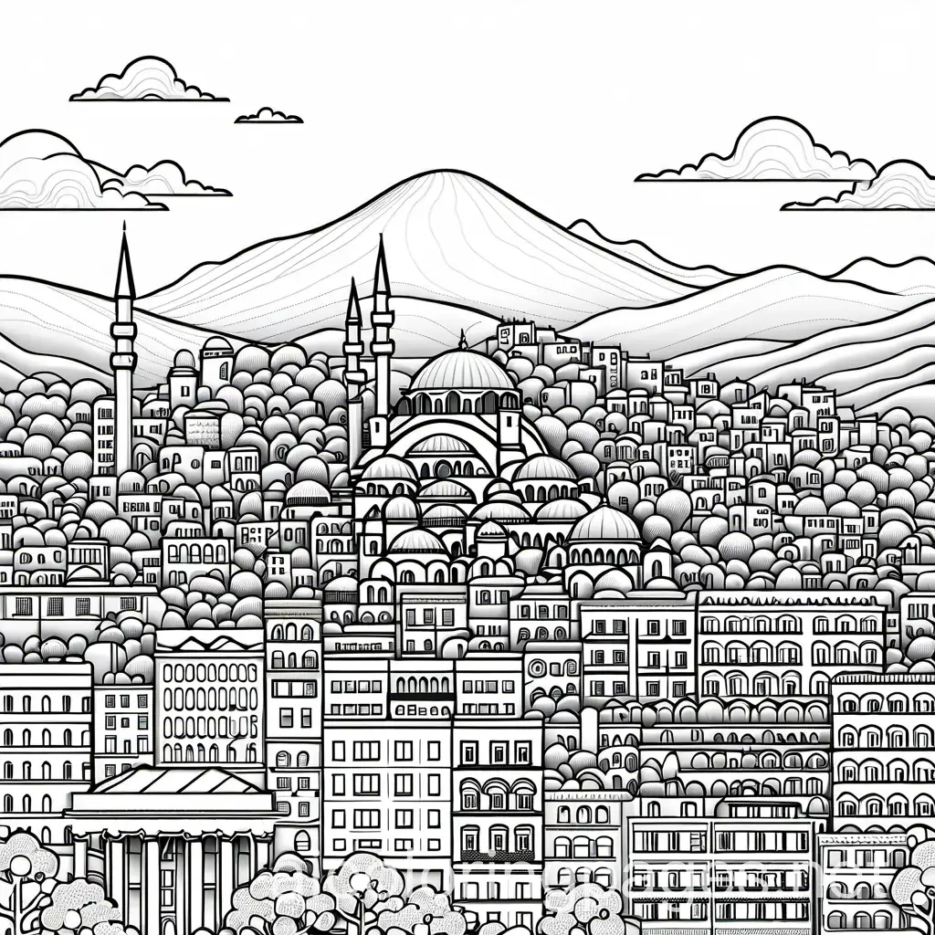city turkey, Coloring Page, black and white, line art, white background, Simplicity, Ample White Space. The background of the coloring page is plain white to make it easy for young children to color within the lines. The outlines of all the subjects are easy to distinguish, making it simple for kids to color without too much difficulty