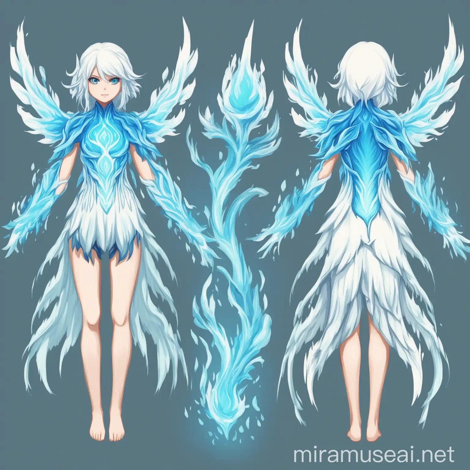 female air elemental, no wings, front and back view of outfit white hair