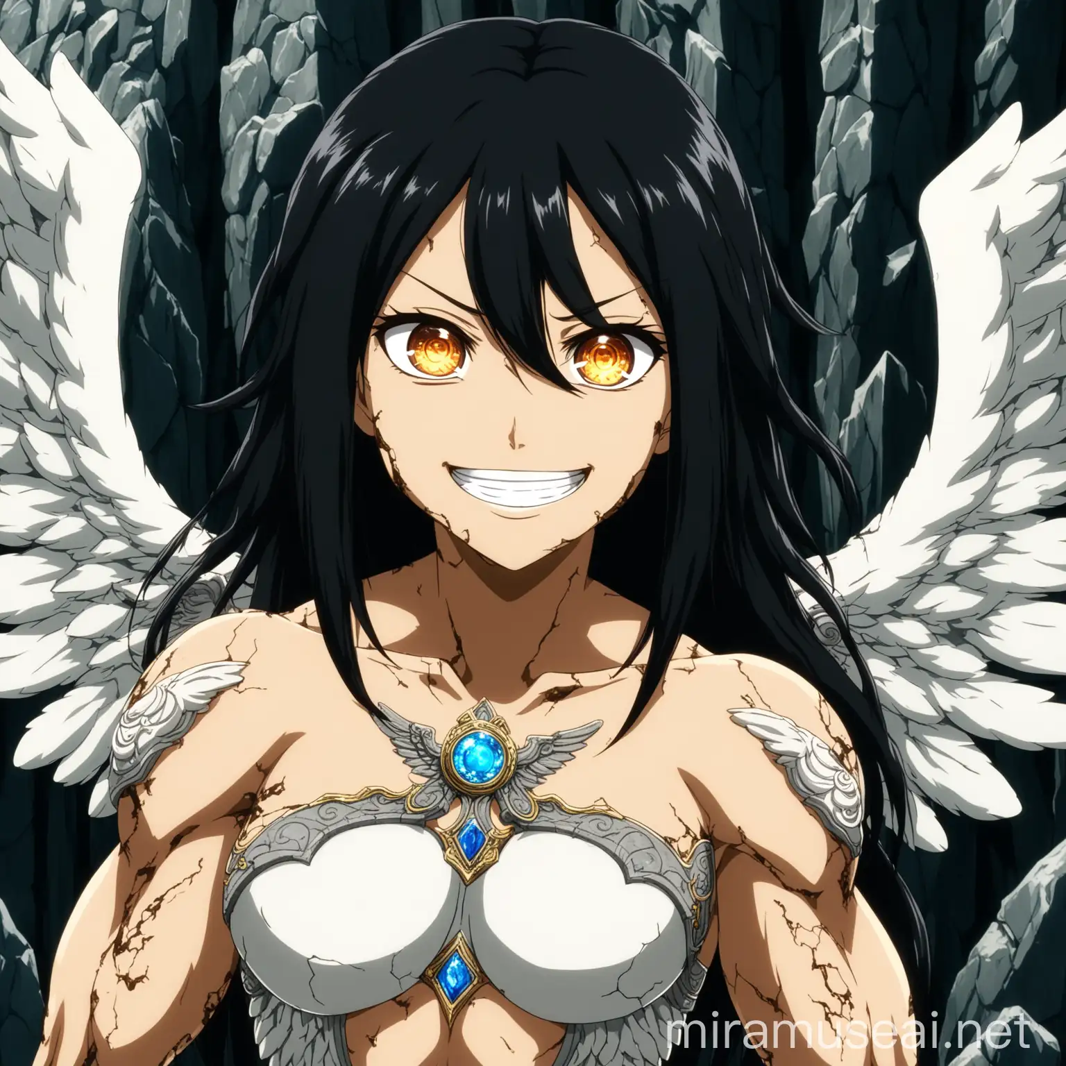 Muscular Stone Angel with Wild Black Hair and Luminescent Eyes in Anime Style