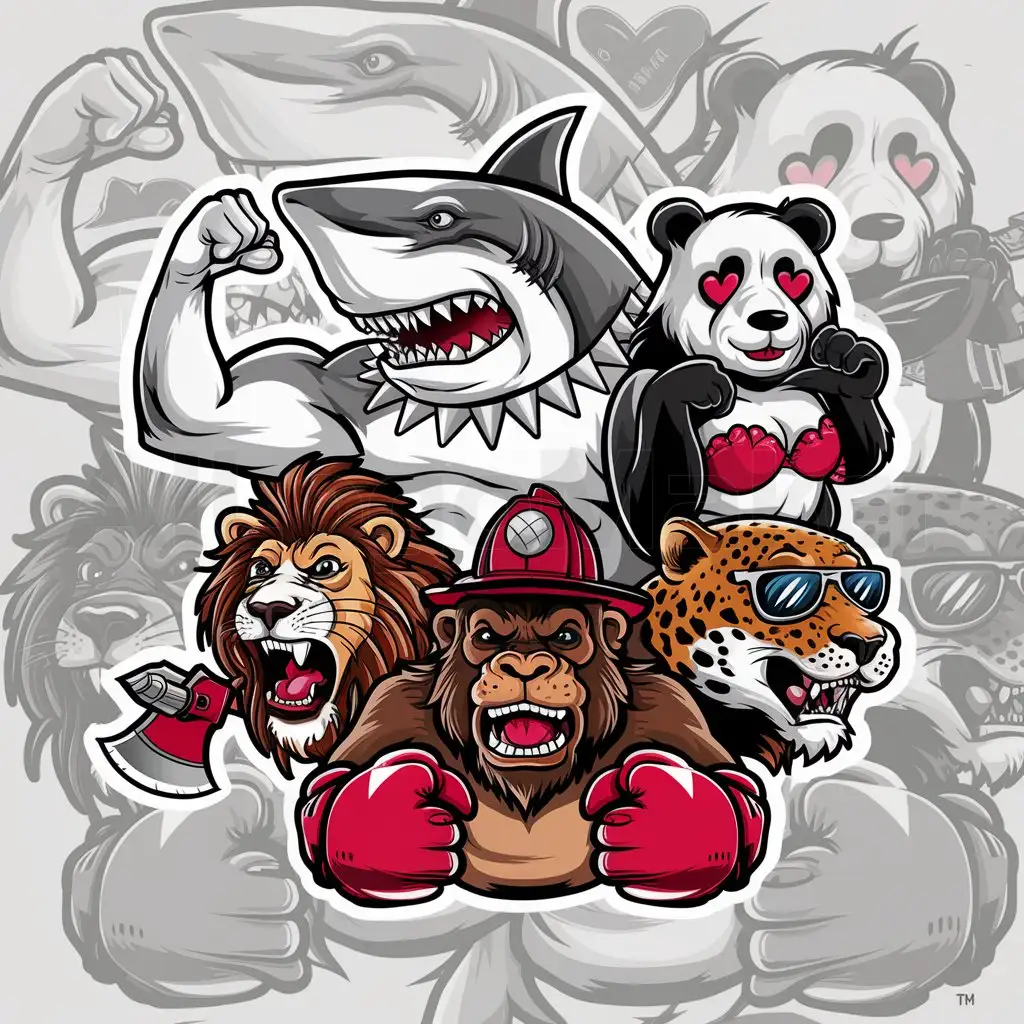 a logo design,with the text 'les pucelles', main symbol:un logo cartoon avec un requin féroce who shows his biceps and wearing a collar with spikes, a panda with little hearts in the eyes and wearing a bra, a fierce lion roaring holding a fireman's axe, a gorilla with a stupid smile wearing boxing gloves and a jaguar with sunglasses,complex,clear background