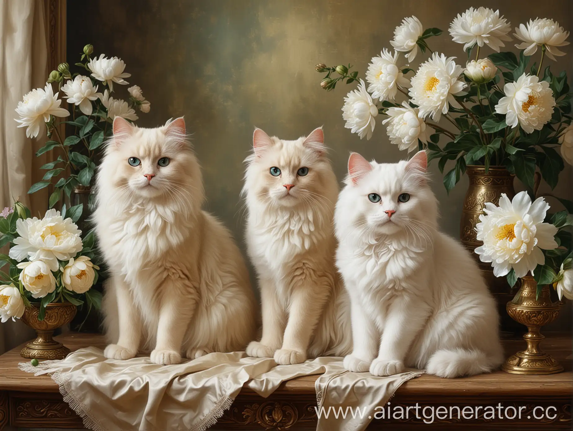 Victorian-Oil-Painting-with-Fluffy-Cats-and-White-Peonies