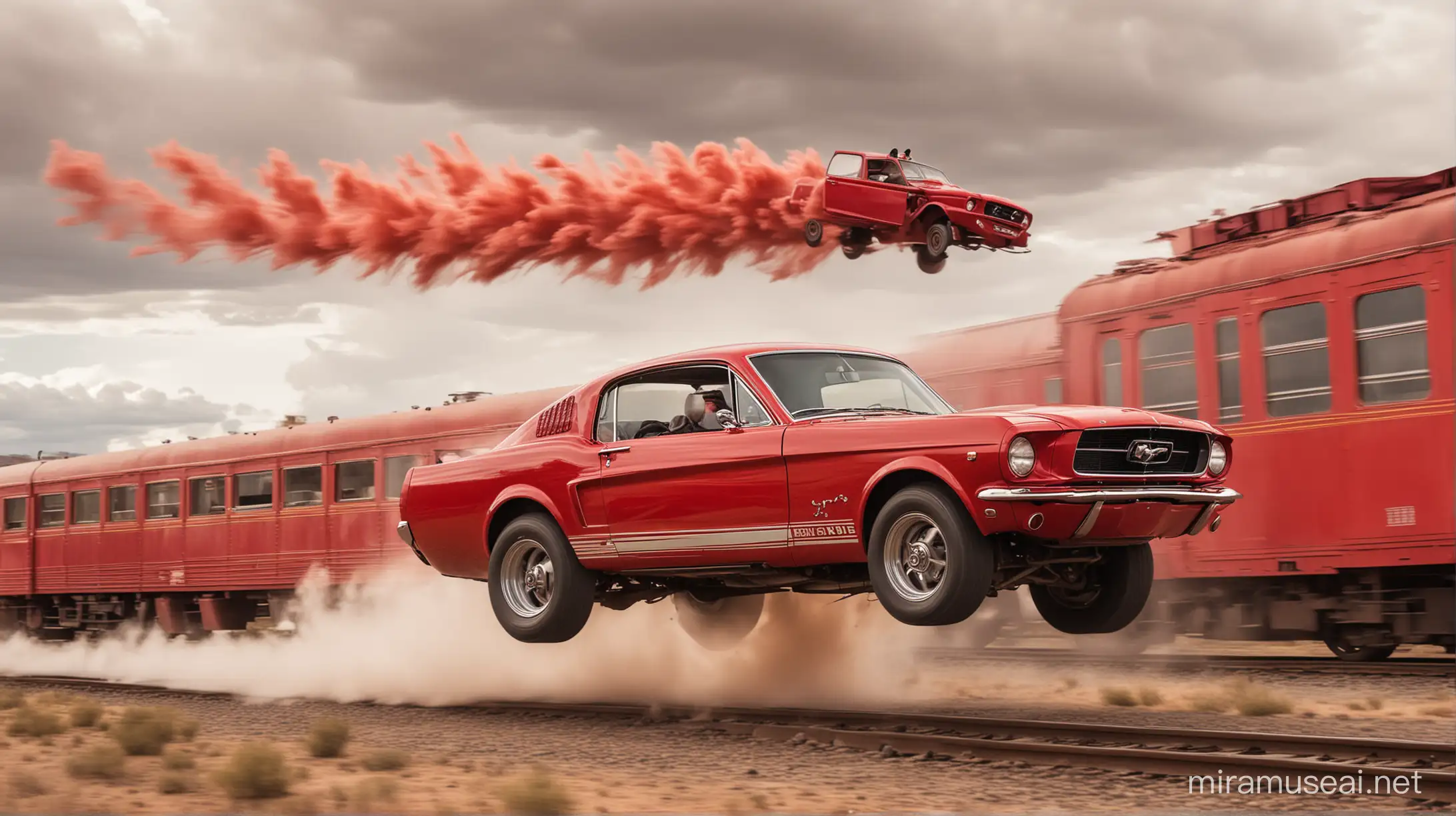 Dynamic Red Mustang Jumping Over Speeding Train