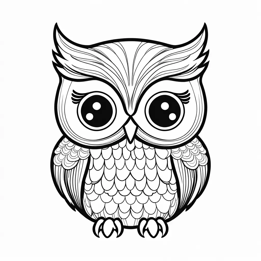 cute baby owl; front view, Coloring Page, black and white, line art, white background, Simplicity, Ample White Space. The background of the coloring page is plain white to make it easy for young children to color within the lines. The outlines of all the subjects are easy to distinguish, making it simple for kids to color without too much difficulty