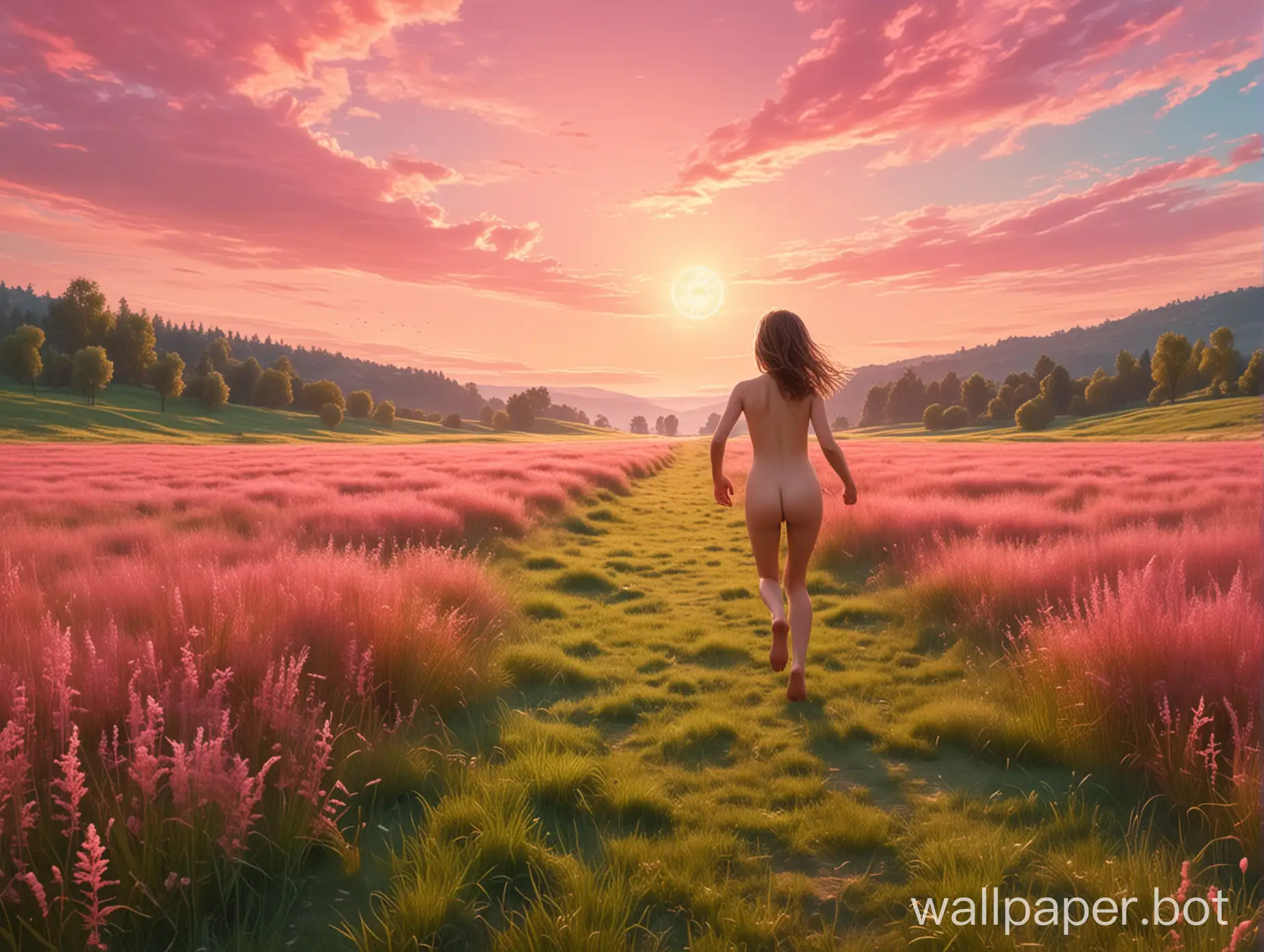 The happy nudist girl of 11 years old runs towards her dream across the meadow with pink grass under the gently-green sky, futurism baroque.