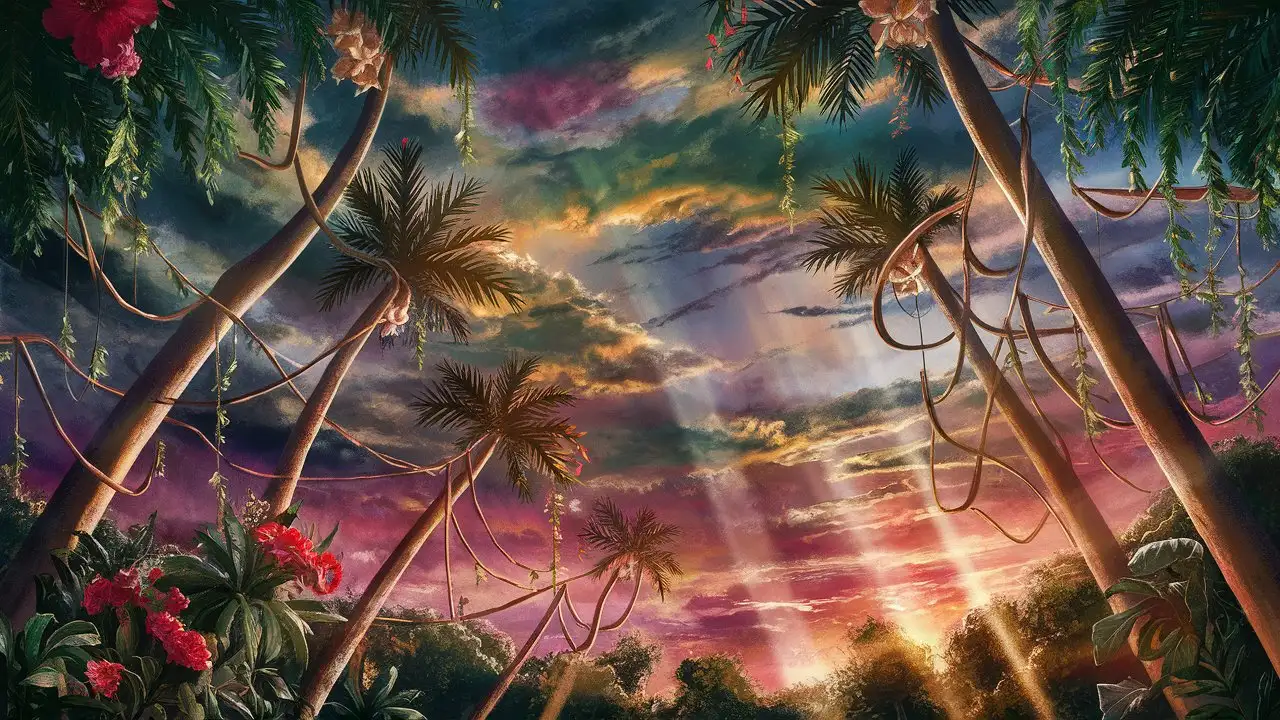 Cinematic Sunset in Tropical Forest with Palm Trees and Exotic Flowers