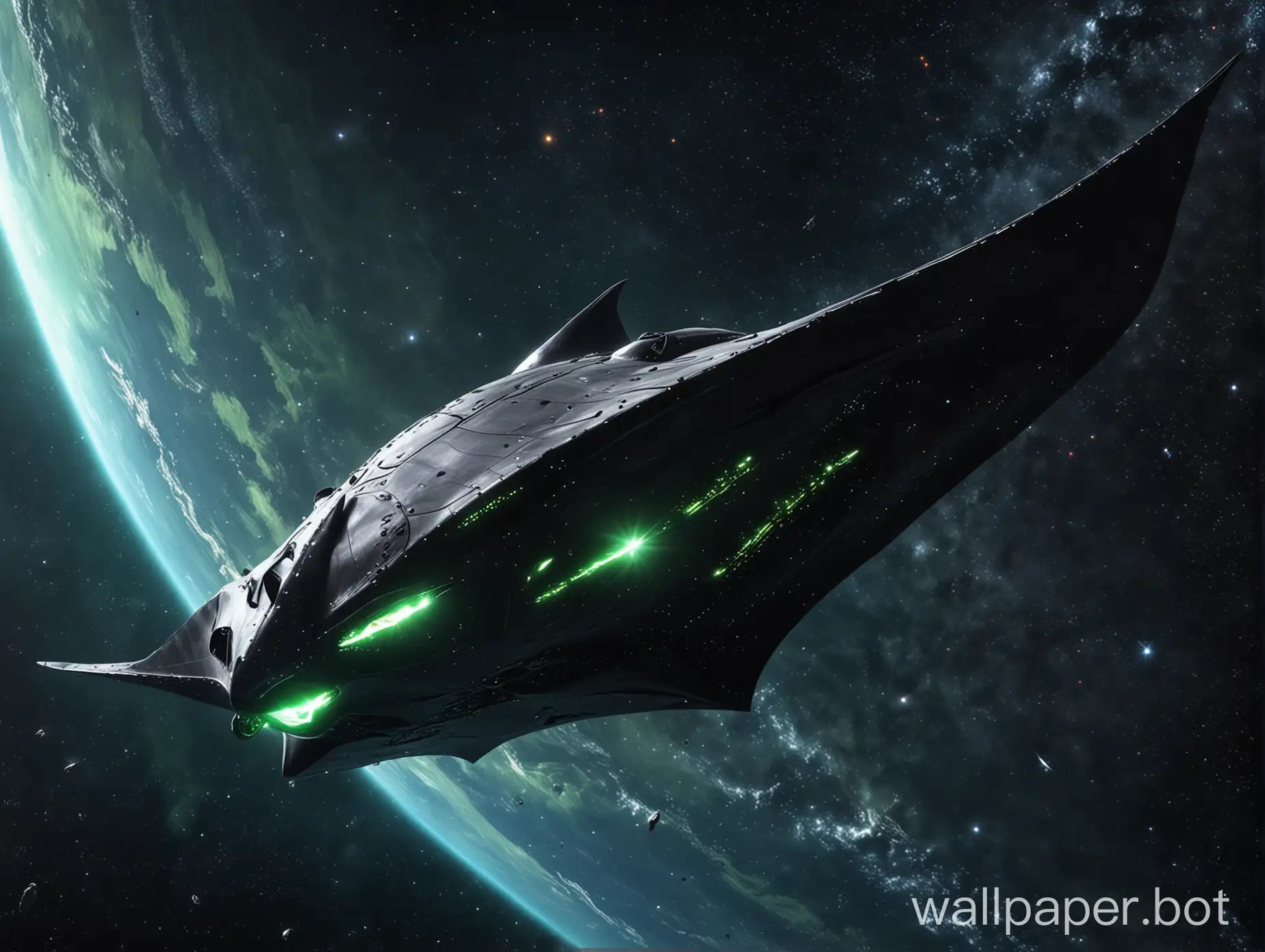 гигантский космический корабль в виде морского ската лети в космосе, вид с расстояния, яркая зеленая звезда на заднем плане, темный фон, фотореализм, в жанре научная фантастика
