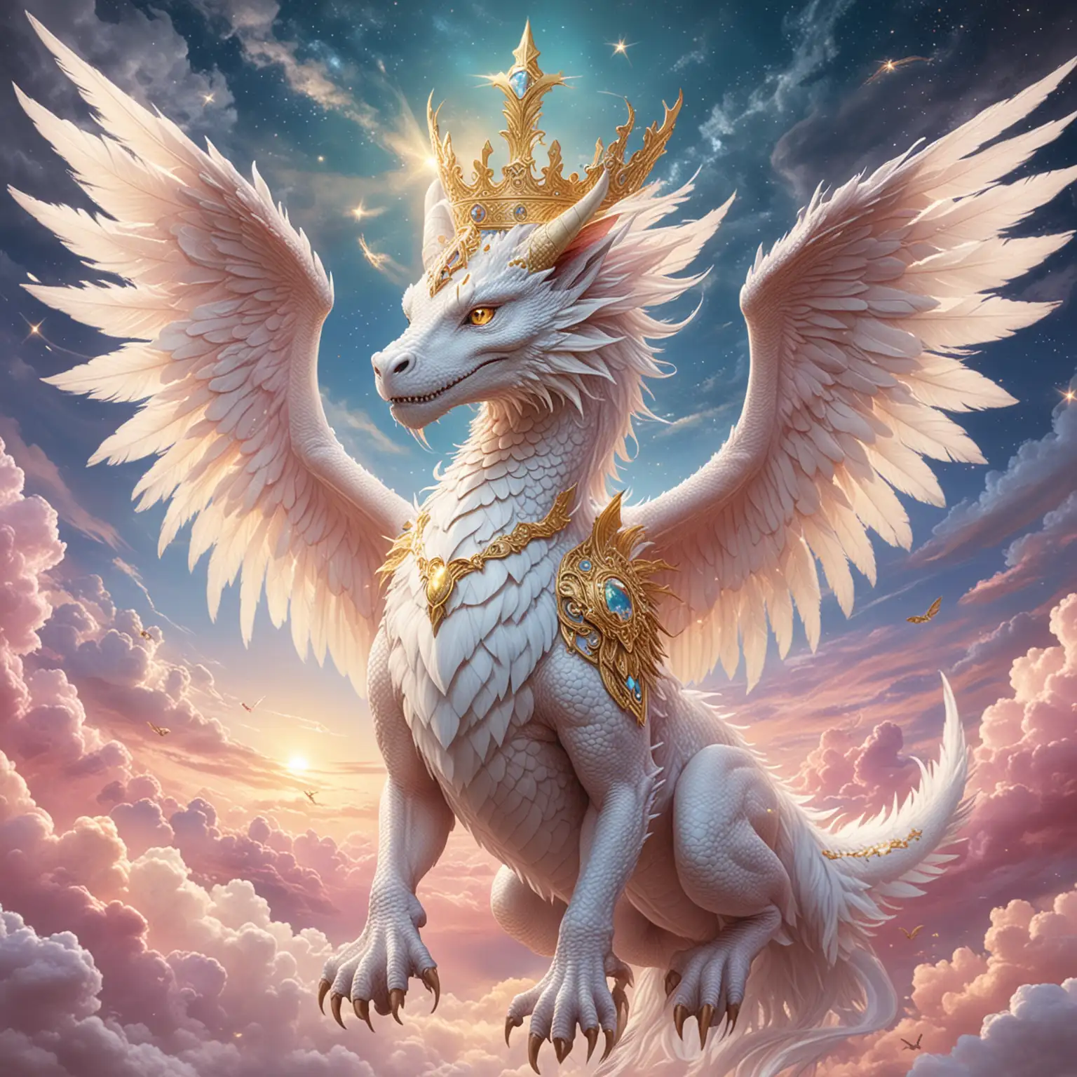 white seraphim female dragon, gold crown on head, feather like wings, flying in a celestial sky of white, yellow, pink, blue