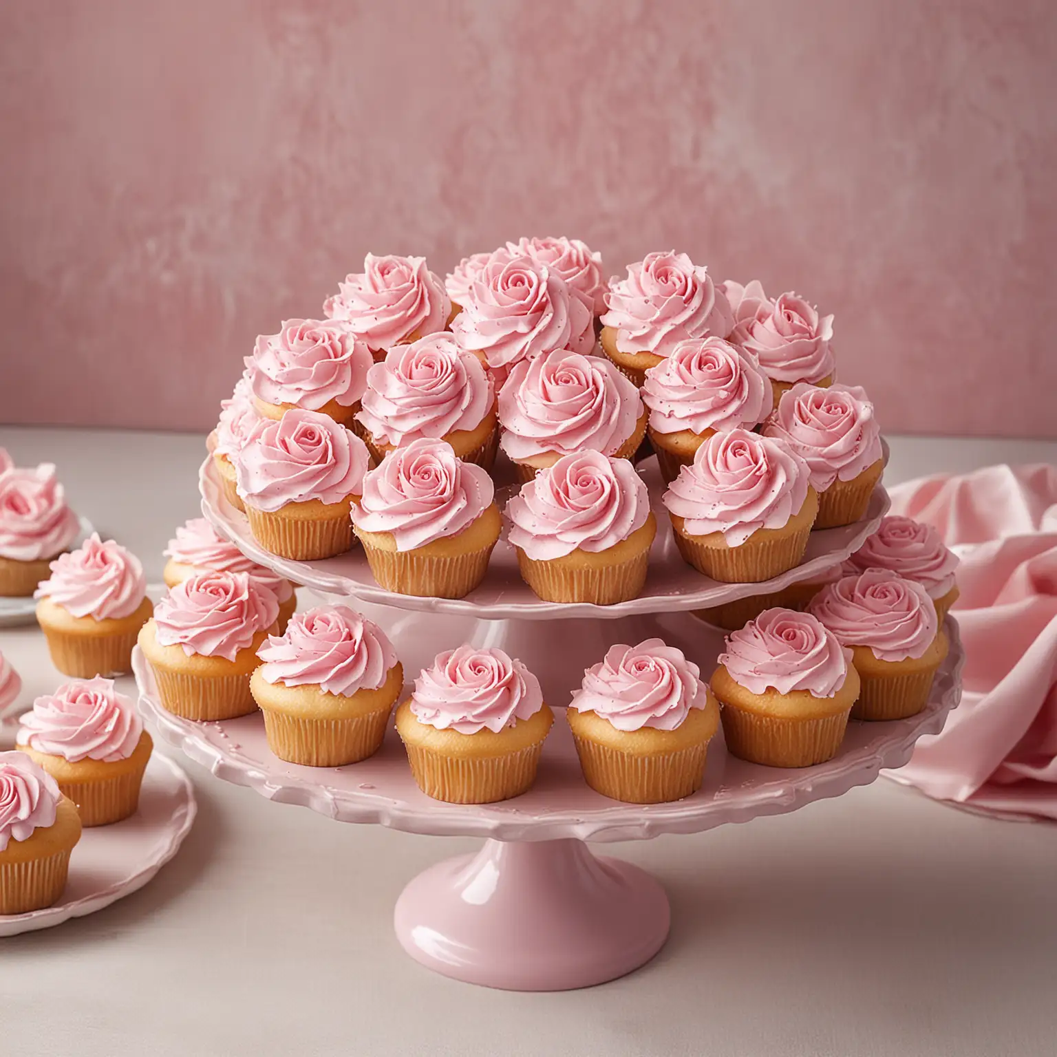 small round pink pedestal tray with a simple bouquet of pink roses and the bouquet is surrounded by a few pink frosted cupcakes, this is a wedding centerpiece; nothing else is in image; show image as one would see it sitting down at a table