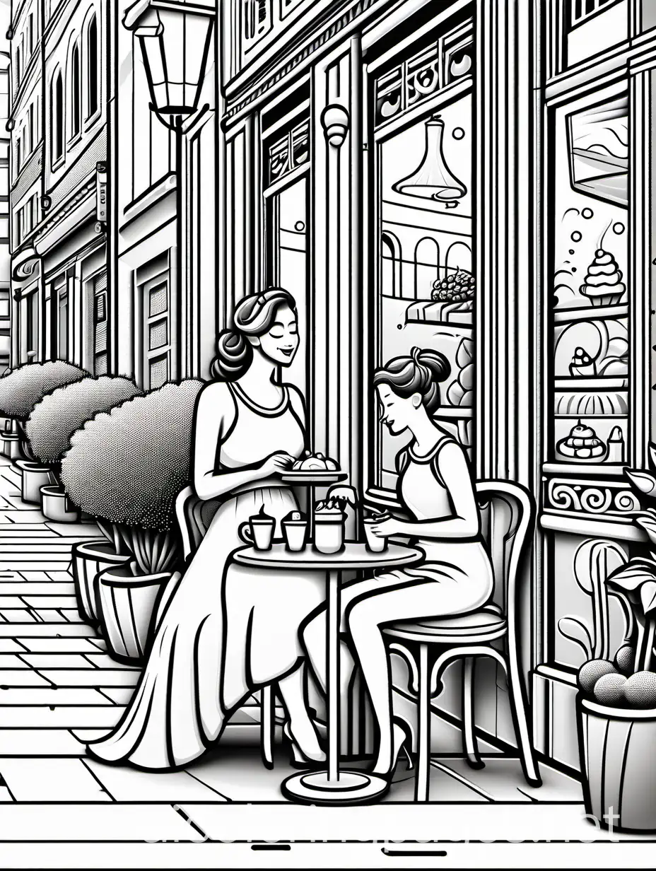 Depict a diva mother and her little daughter in Quiet cafes alley, where they have a dessert. in the cafe, blending elements of sophistication and glamour with the nurturing spirit of motherhood. , Coloring Page, black and white, line art, white background, Simplicity, Ample White Space.