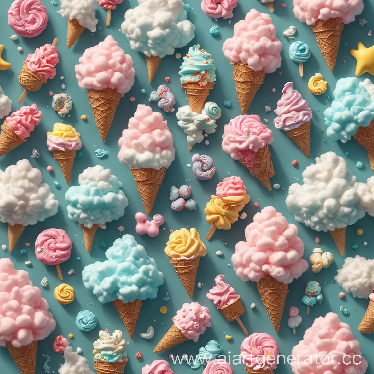 море, лето, солнце, облака сахарная вата, радость, конфеты, мороженое все в 3D