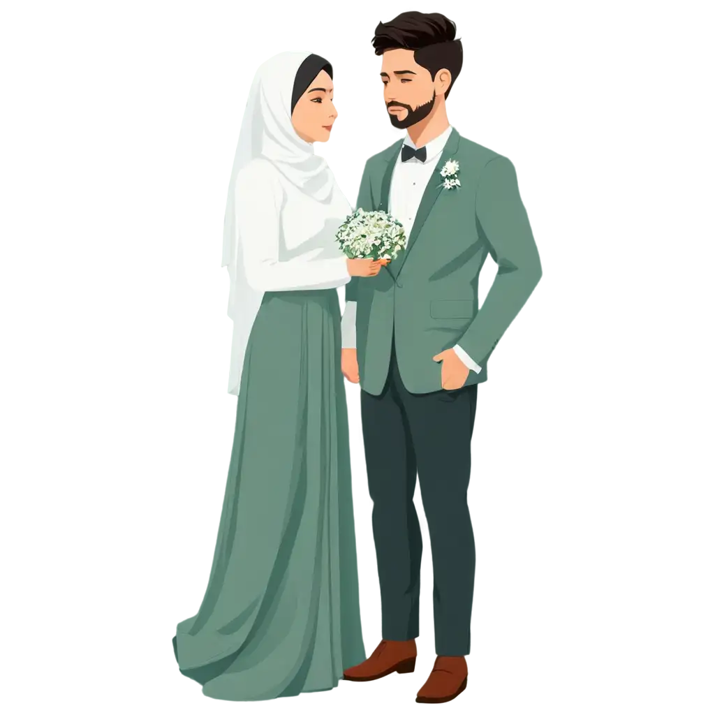 wedding couple muslim vector. the man with middle parted curtain korean hairstyle without face hair, the couple uniform using sage green color theme