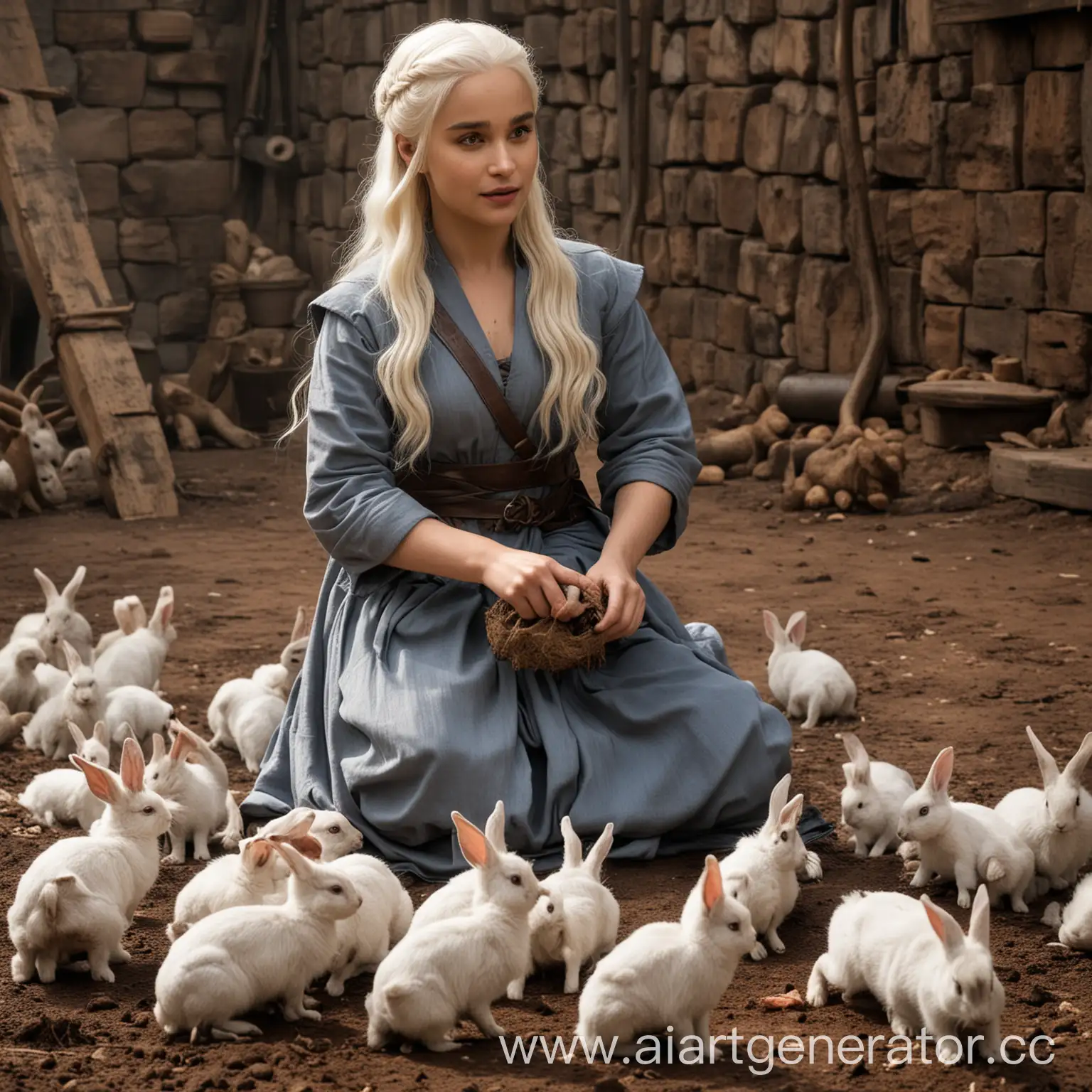 Дайнерис Таргариен с кроликами, убирающая кроличьи какашки