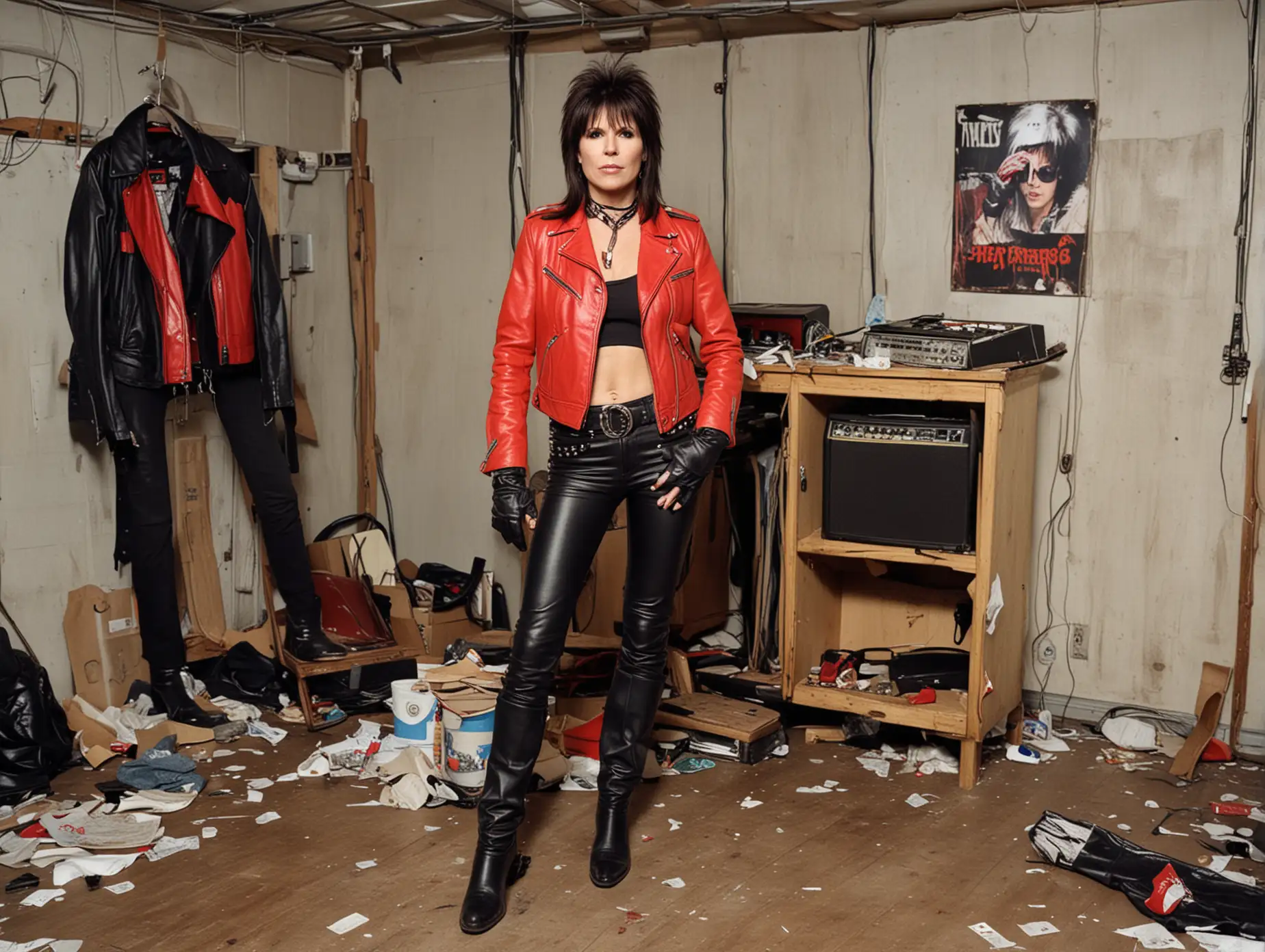 a full view of a busty, drunk, 70s rocker Chrissie Hynde of The Pretenders wearing a zipped-up, fastened red leather jacket, black leather pants, red leather boots, black leather gloves standing in a trashed backstage dressing room