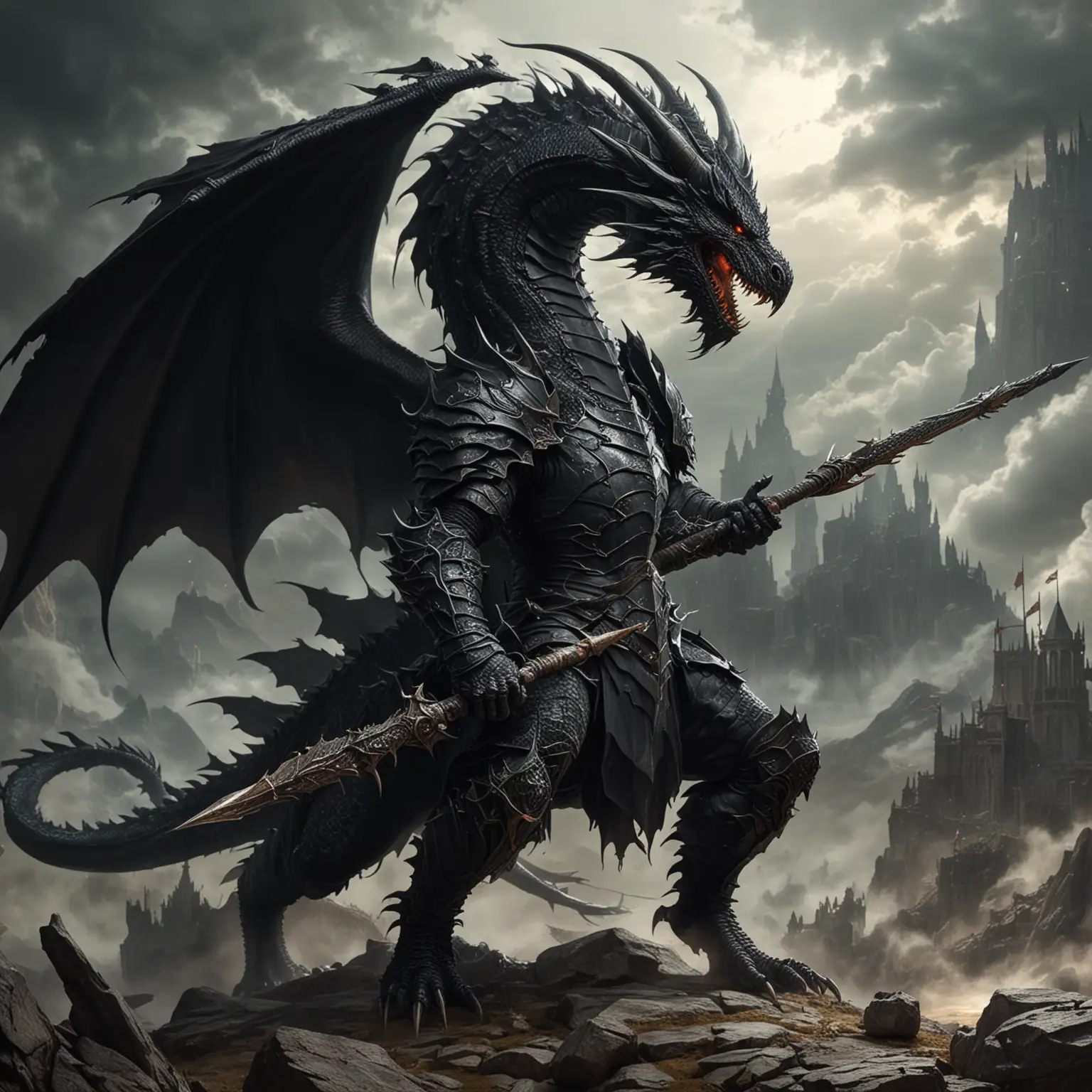 Epic Encounter Brave Knight Facing a Massive Black Dragon