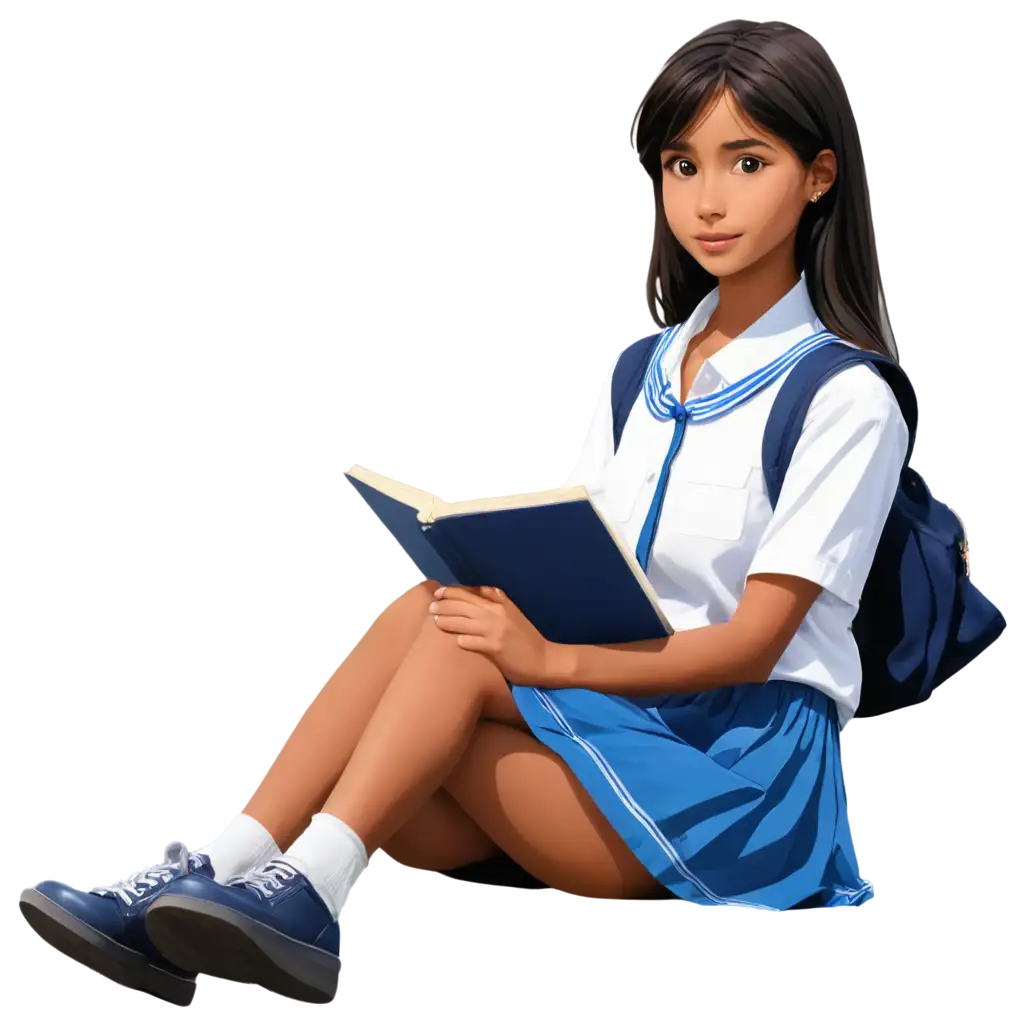  a cute Indian schoolgirl wearing a blue skirt and white shirt sitting on the field PNG Image anime style