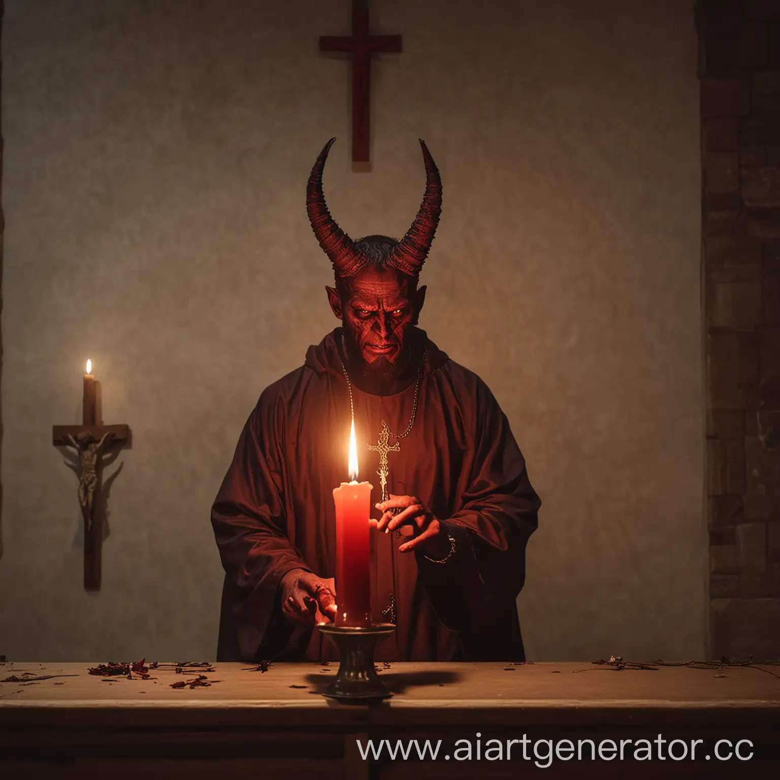 Сатана ставит свечку в церкви 