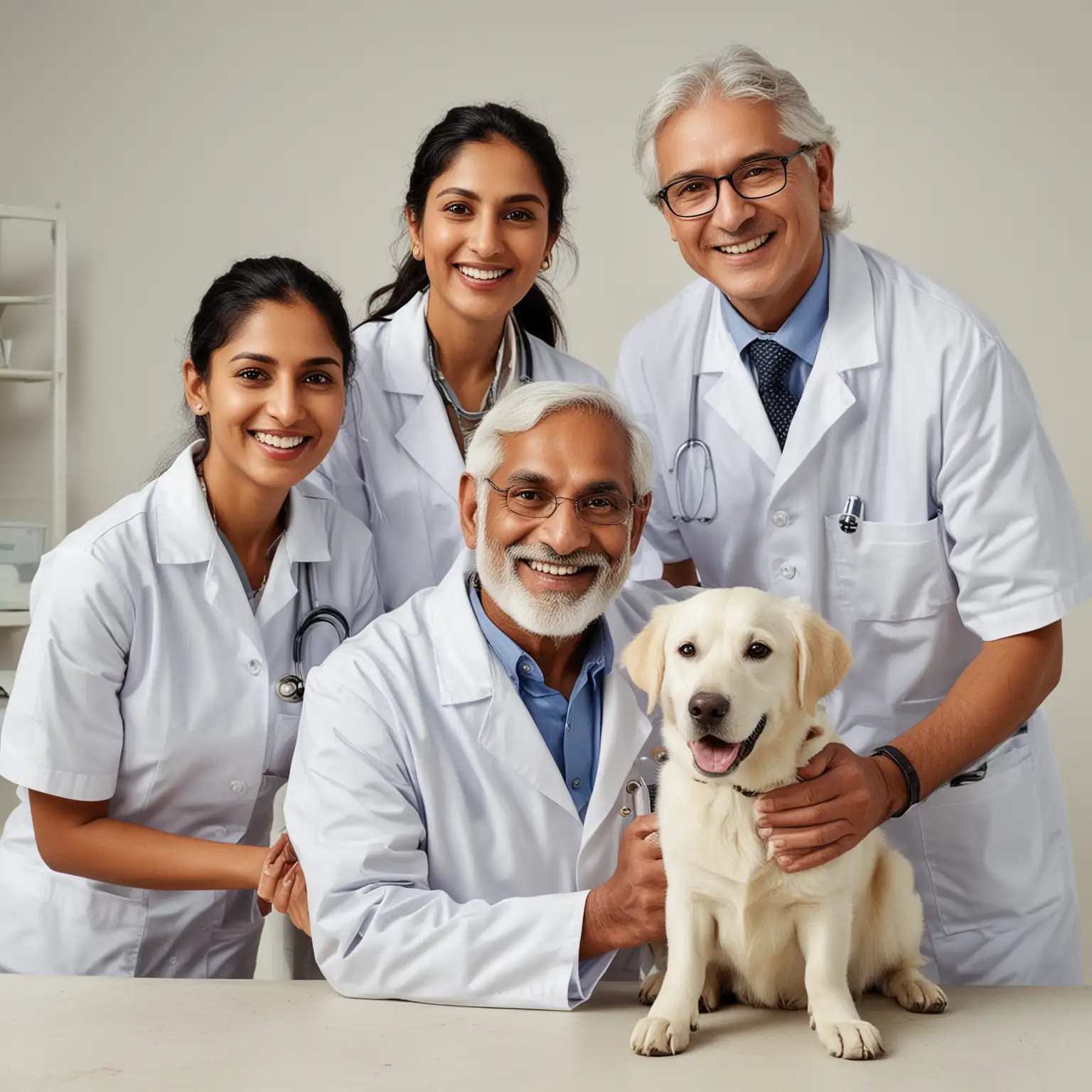 happy older Indian male and Caucasian female veterinarians with a pet